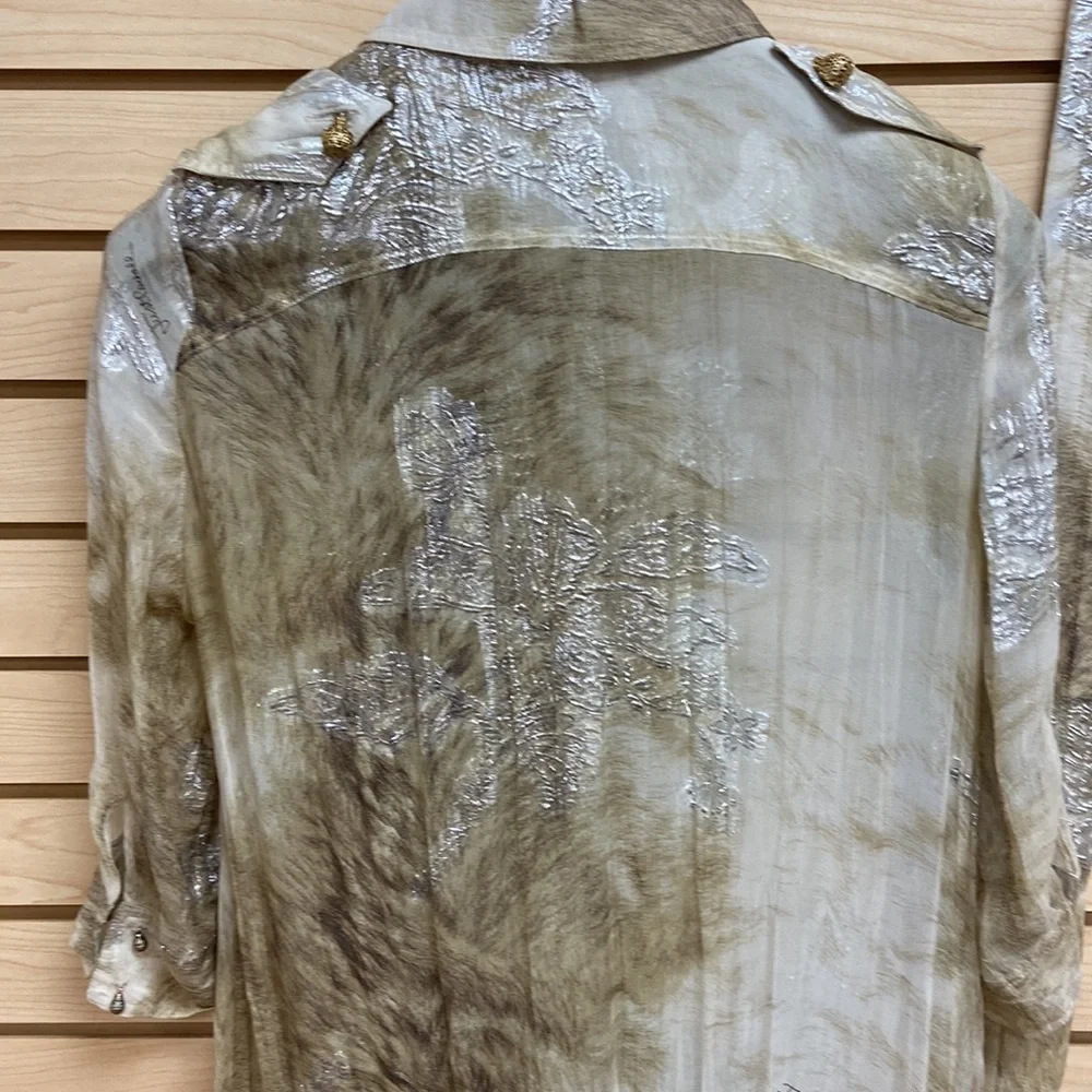 Just Cavalli Silver and Taupe Long Sleeve Ruffle-Hem Shirt Dress - Picture 7 of 11